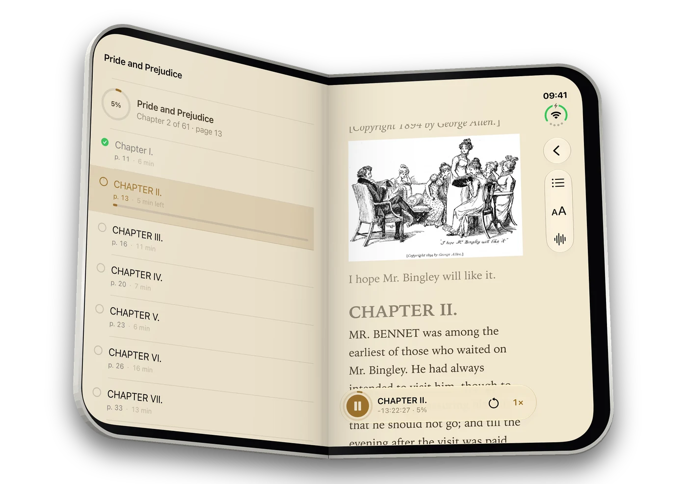 iPhone Duo half open like a book with Pride and Prejudice, the chapters on one side of the fold and the story with Hugh Thomson's illustration on the other