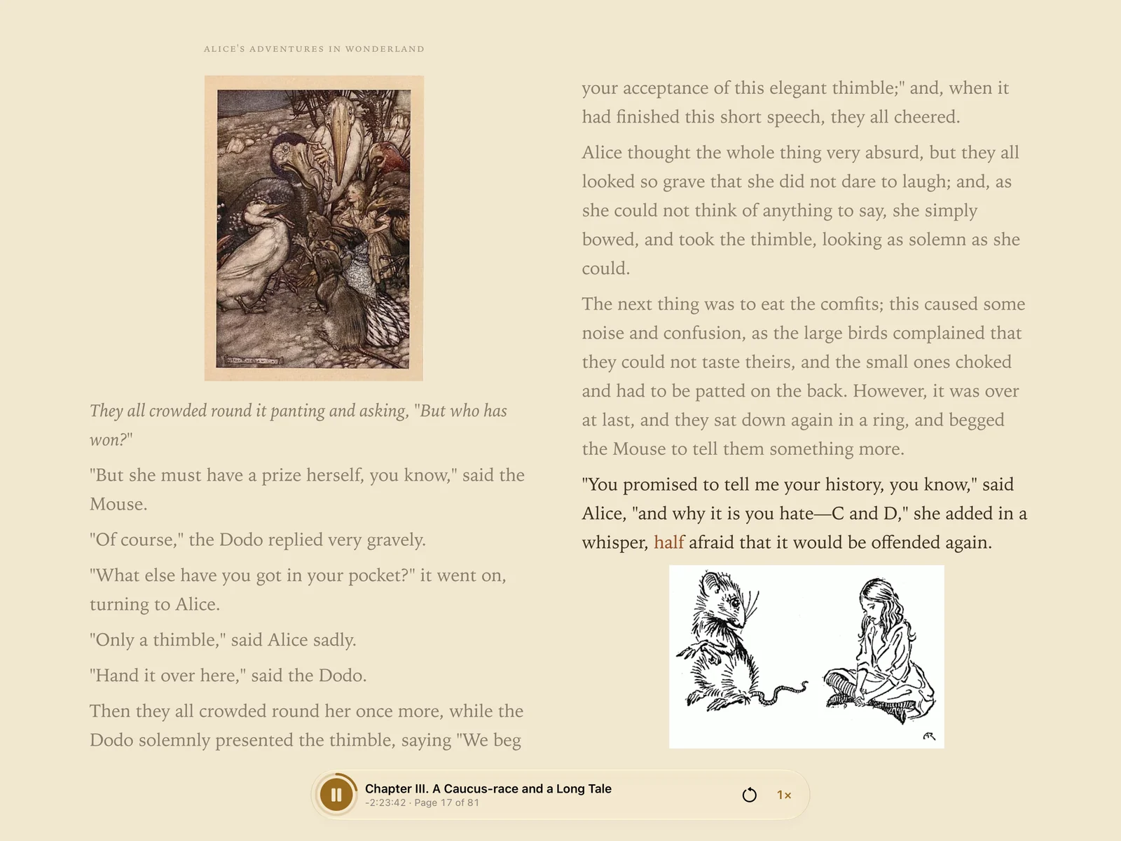 Alice's Adventures in Wonderland across two pages on iPad, with Arthur Rackham's illustrations beside the passages they show and the word being read lit